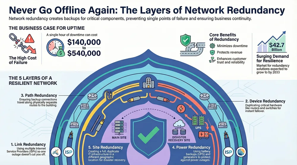 What Is Network Redundancy: Protect Uptime And Keep Business Online Infographic about Network Redundancy