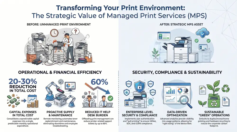 8 Managed Print Services Benefits for Your Business in 2026 Infographic abouit 8 Managed Print Services Benefits for Your Business in 2026